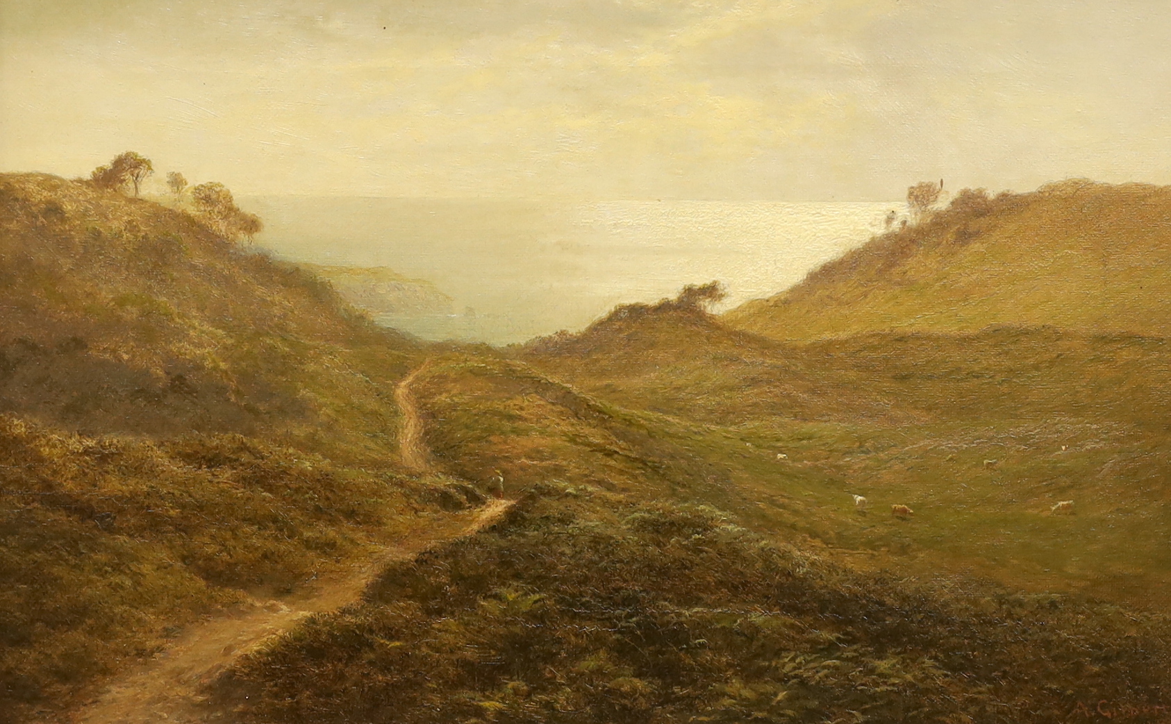 Arthur Gilbert (1819-1895), oil on canvas, Coastal landscape, signed and dated 1894, Windsor & Newton stamp verso, 21 x 34cm, ornate gilt framed